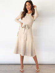Stylish Knitted Midi Dress For Women With Tie Belt And Cable Pattern