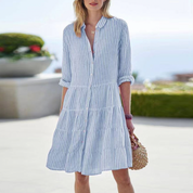 Striped Midi Summer Dress with Buttons and Long Sleeves for Women