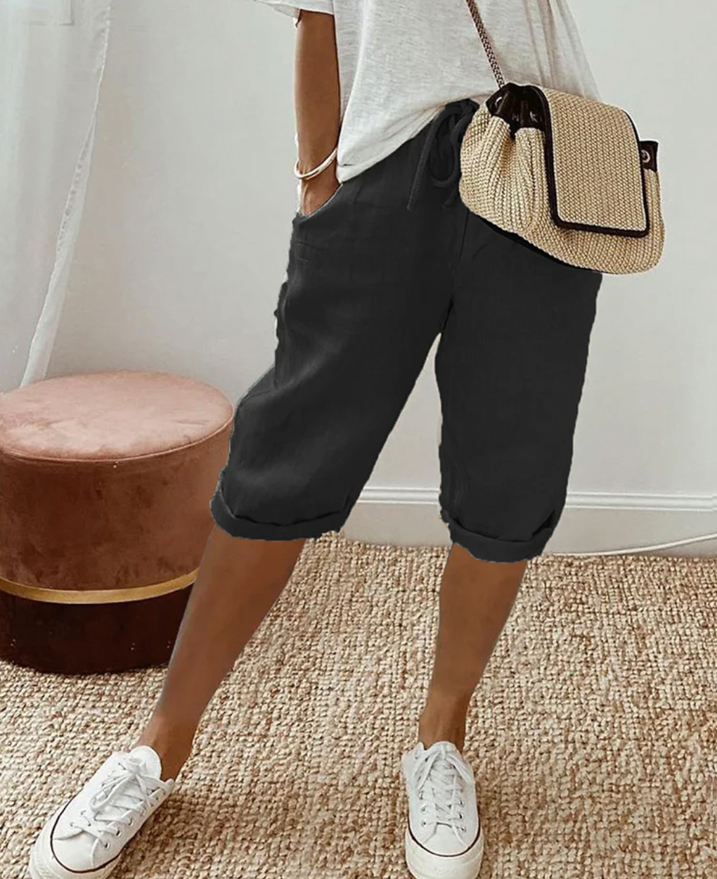 Summer Linen Capri Pants with Drawstring for Women
