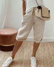 Summer Linen Capri Pants with Drawstring for Women