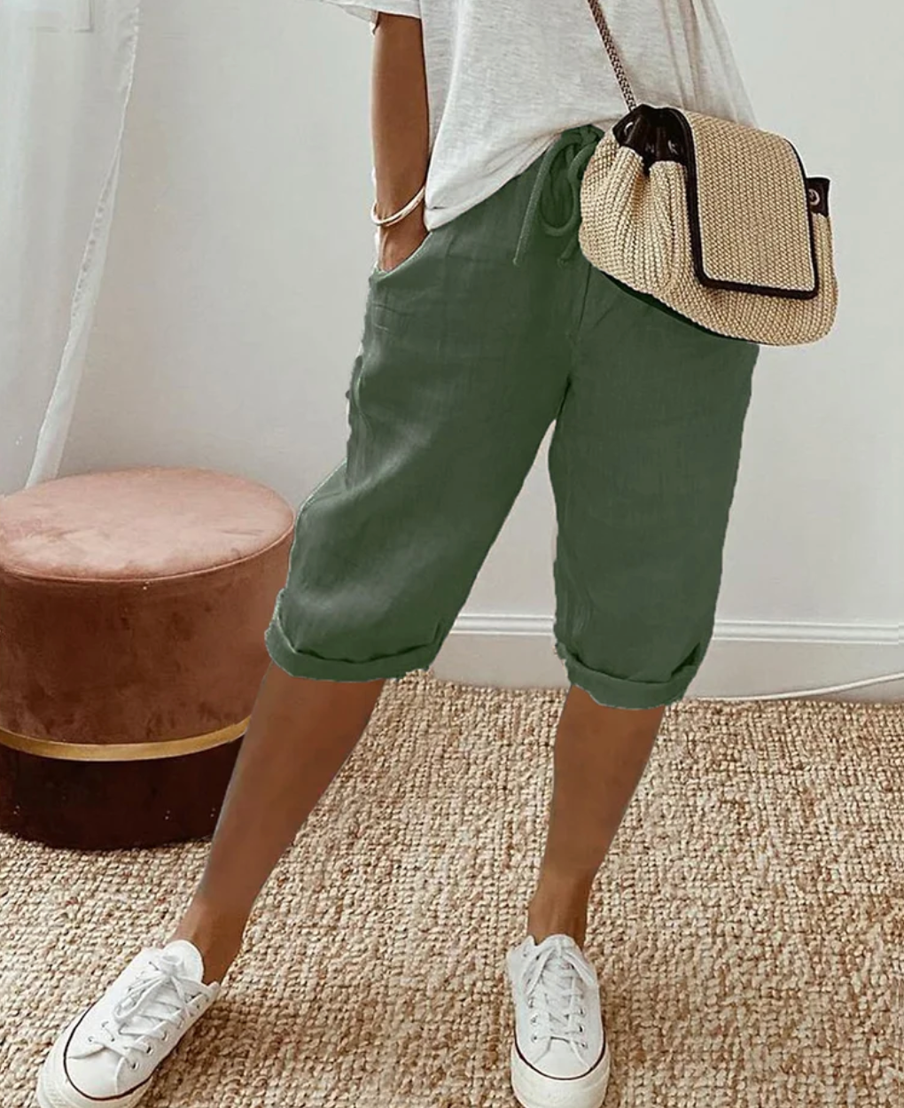 Summer Linen Capri Pants with Drawstring for Women