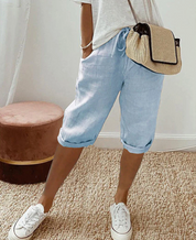 Summer Linen Capri Pants with Drawstring for Women