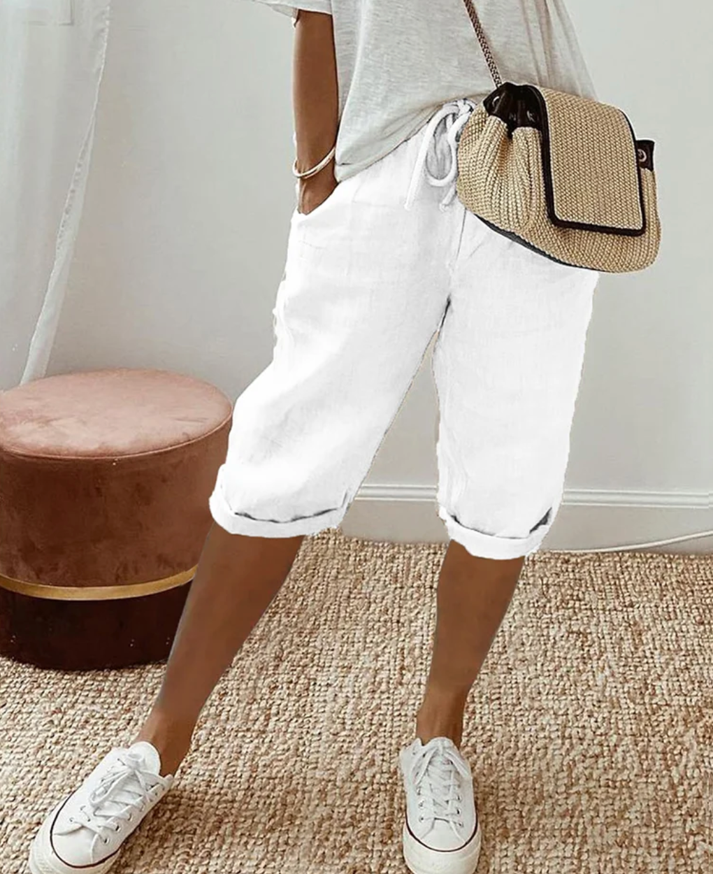 Summer Linen Capri Pants with Drawstring for Women