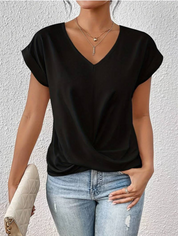 Casual Draped V-Neck Blouse for Women with Short Sleeves