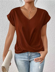 Casual Draped V-Neck Blouse for Women with Short Sleeves