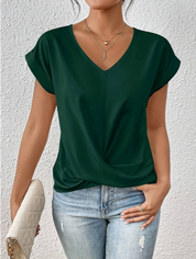 Casual Draped V-Neck Blouse for Women with Short Sleeves