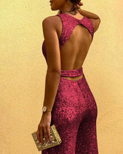 Sleeveless Glitter Jumpsuit for Women | Belted
