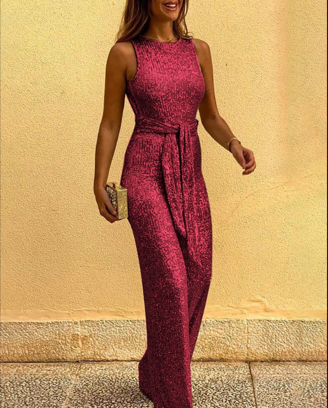 Sleeveless Glitter Jumpsuit for Women | Belted