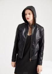 Leather Women's Jacket with Removable Hood and Zipper