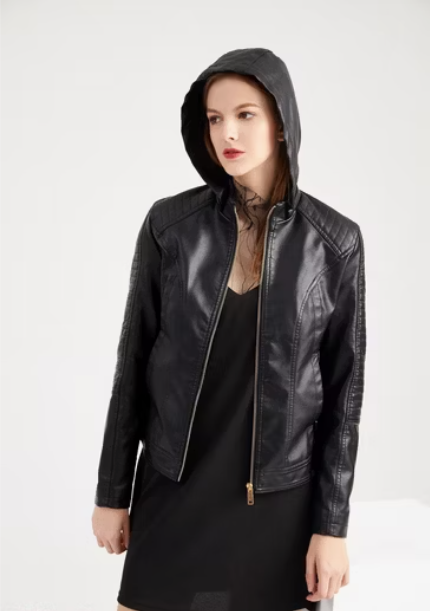 Leather Women's Jacket with Removable Hood and Zipper