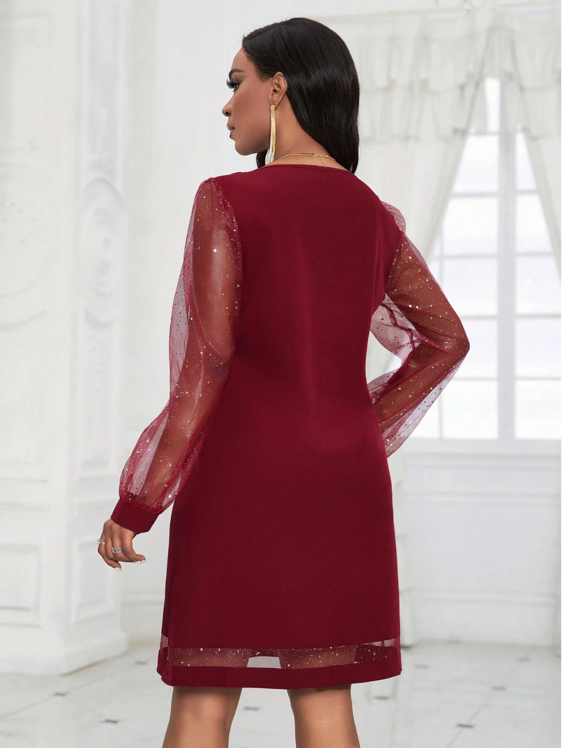 Party Dress With V Neck And Glitter Sleeves For Women