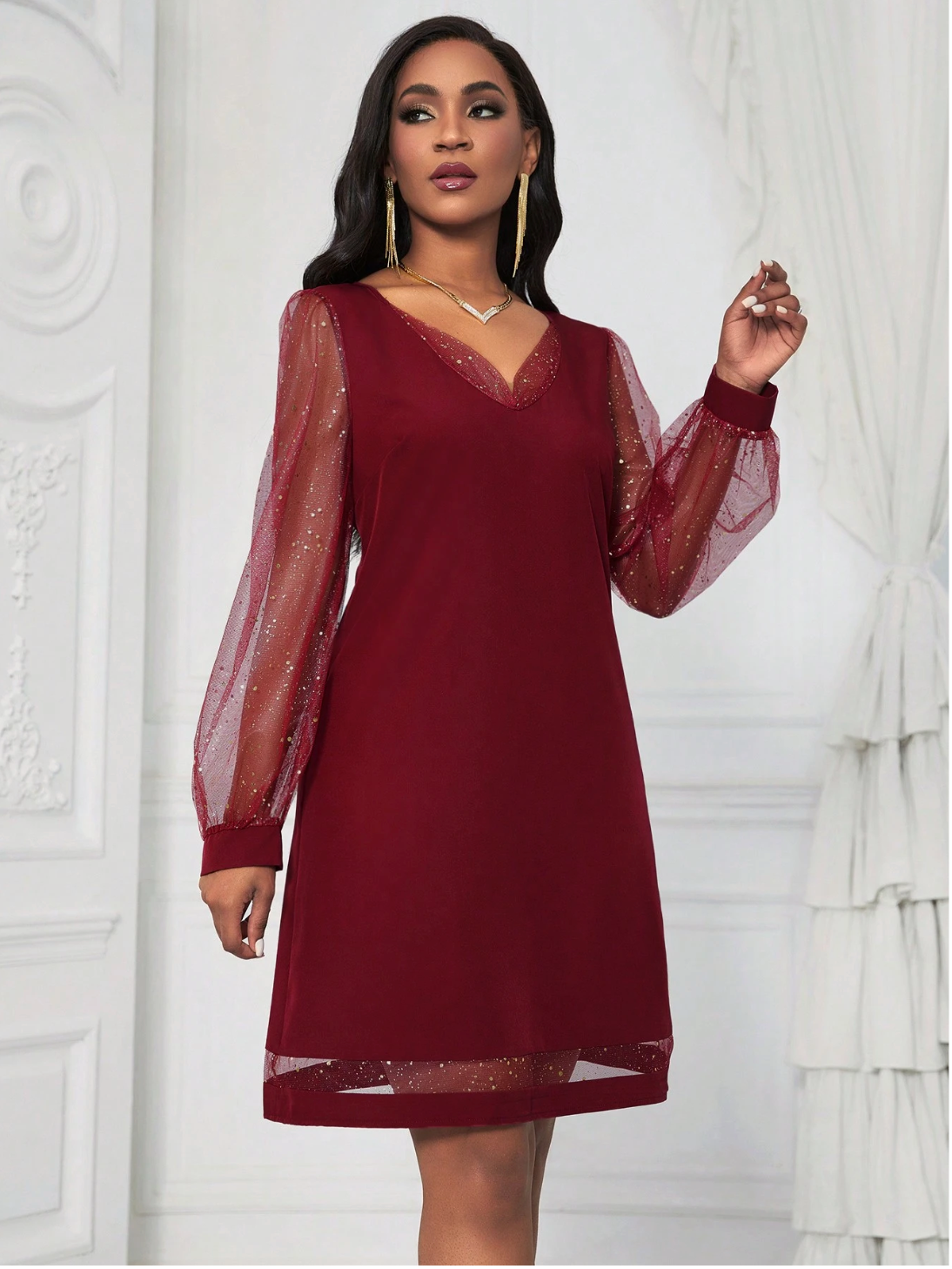 Party Dress With V Neck And Glitter Sleeves For Women
