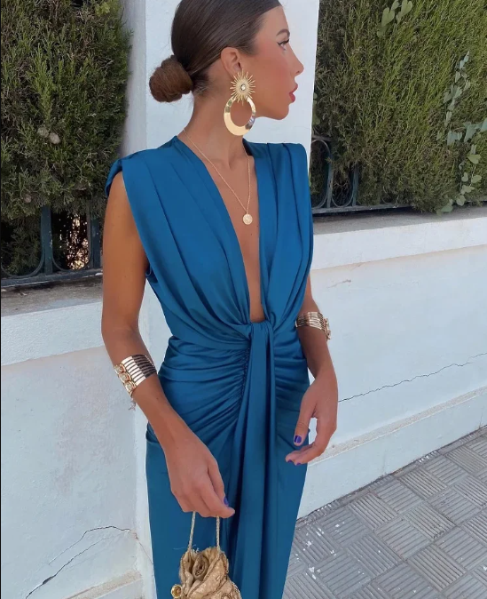 Chic Women's Gala Midi Dress with Deep V Neck and High Slit