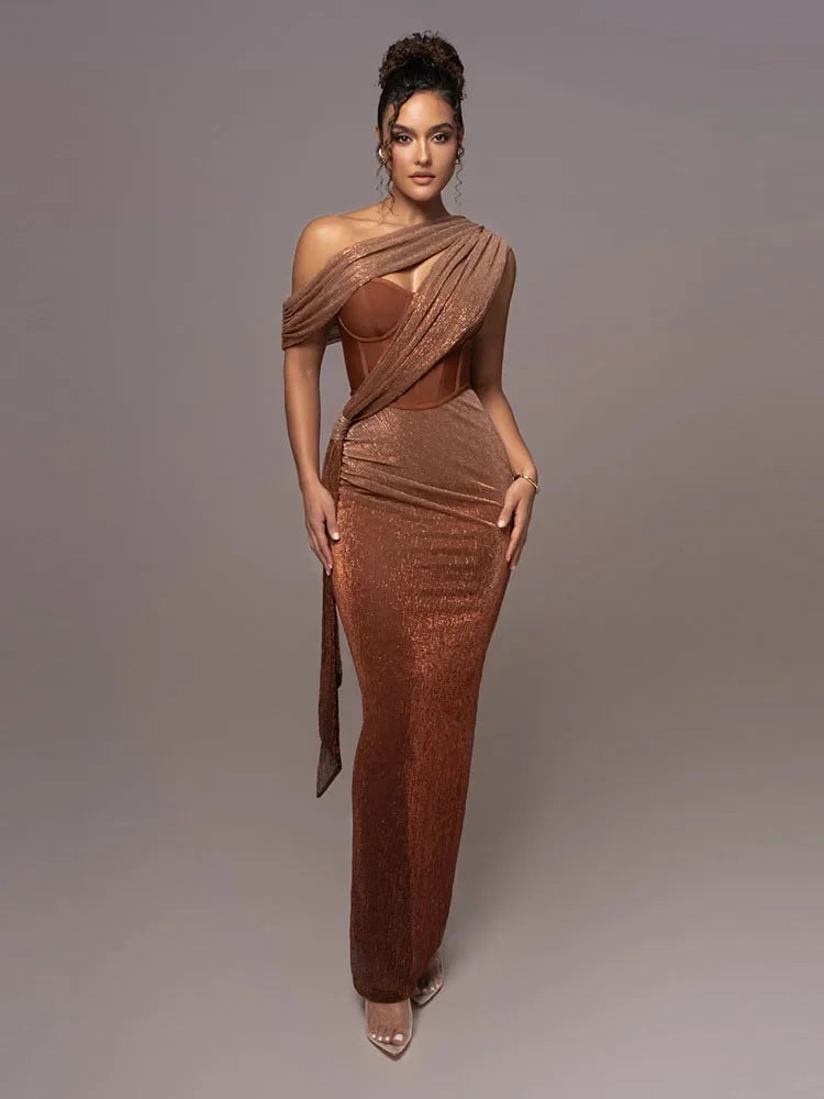 Shiny Gala Dress with One Shoulder and Split Long Evening Dress for Women