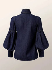 Stylish Women's Denim Blouse with Tie Closure and Puff Sleeves