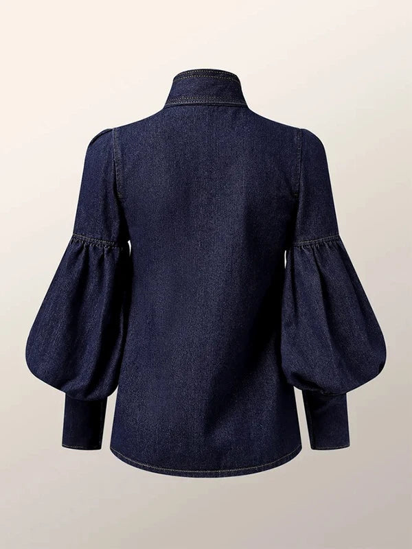 Stylish Women's Denim Blouse with Tie Closure and Puff Sleeves