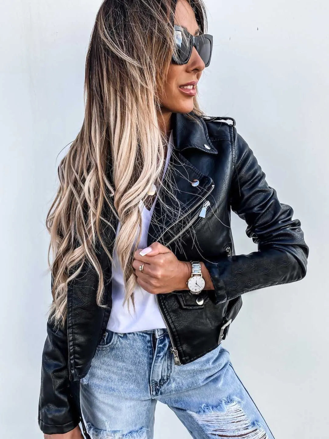 Biker Jacket with Faux Leather and Asymmetric Zipper for Women