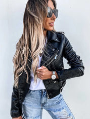 Biker Jacket with Faux Leather and Asymmetric Zipper for Women