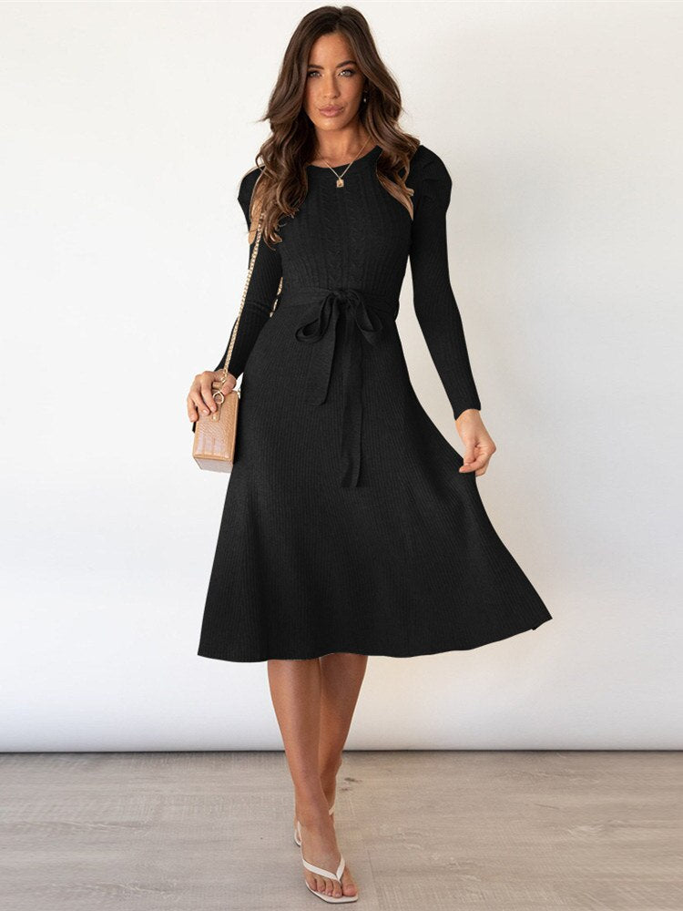 Stylish Knitted Midi Dress For Women With Tie Belt And Cable Pattern