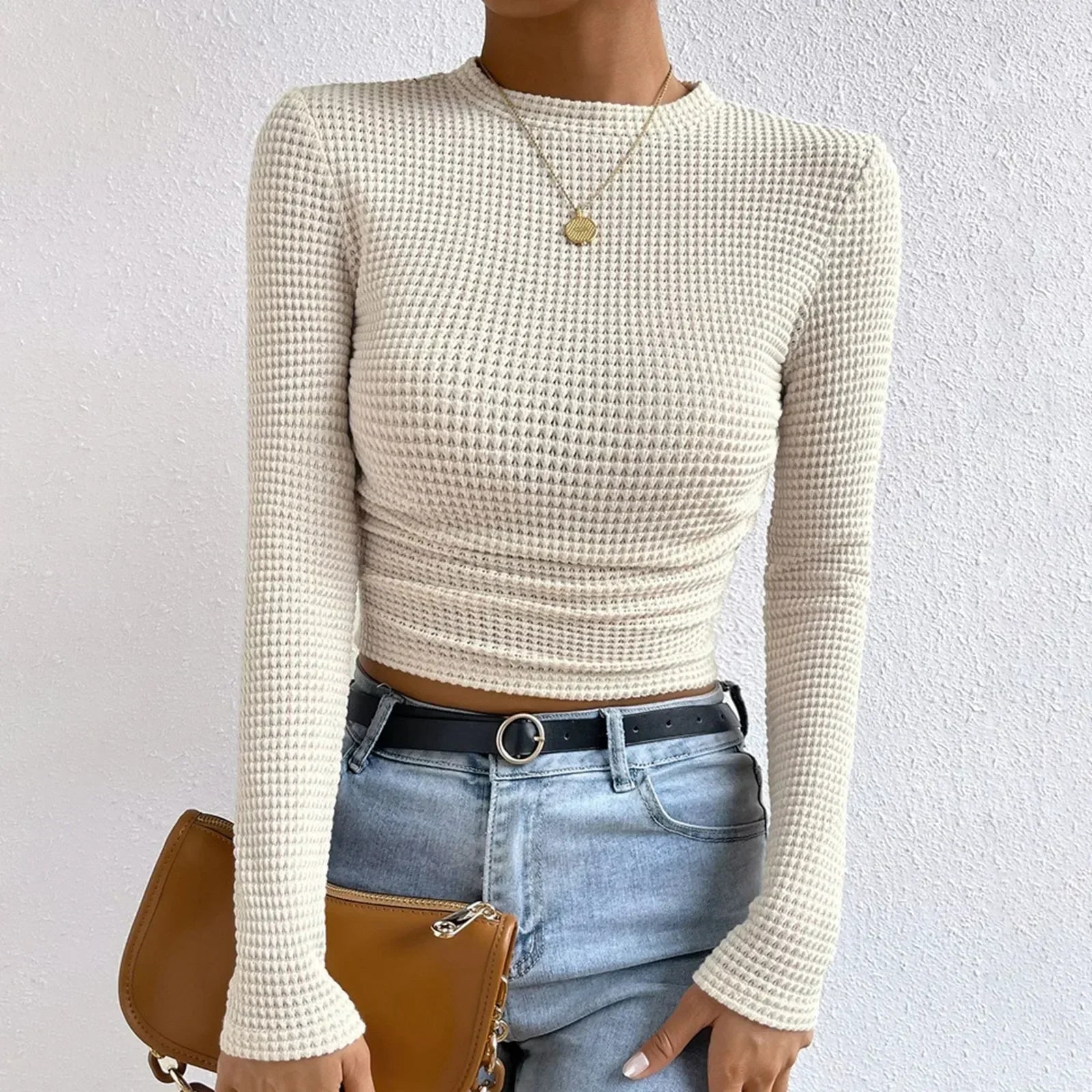 Fitted Long Sleeve Crop Top with Texture