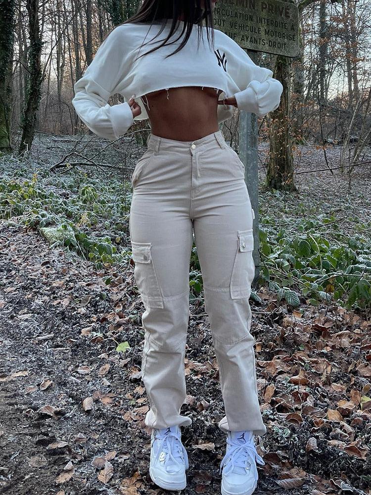 High Waist Jeans with Wide Legs and Cargo Pockets for Women