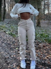 High Waist Jeans with Wide Legs and Cargo Pockets for Women