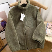 Women's Warm Teddy Coat with High Collar and Zipper Pockets