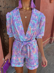Printed Playsuit for Women with V-Neck and Tie Belt