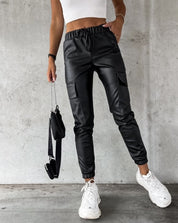 Black Faux Leather Cargo Pants for Women with High Waist and Elastic Cuffs