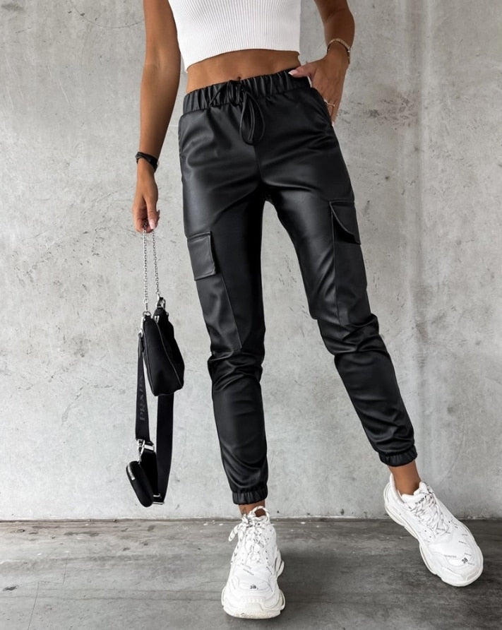 Black Faux Leather Cargo Pants for Women with High Waist and Elastic Cuffs