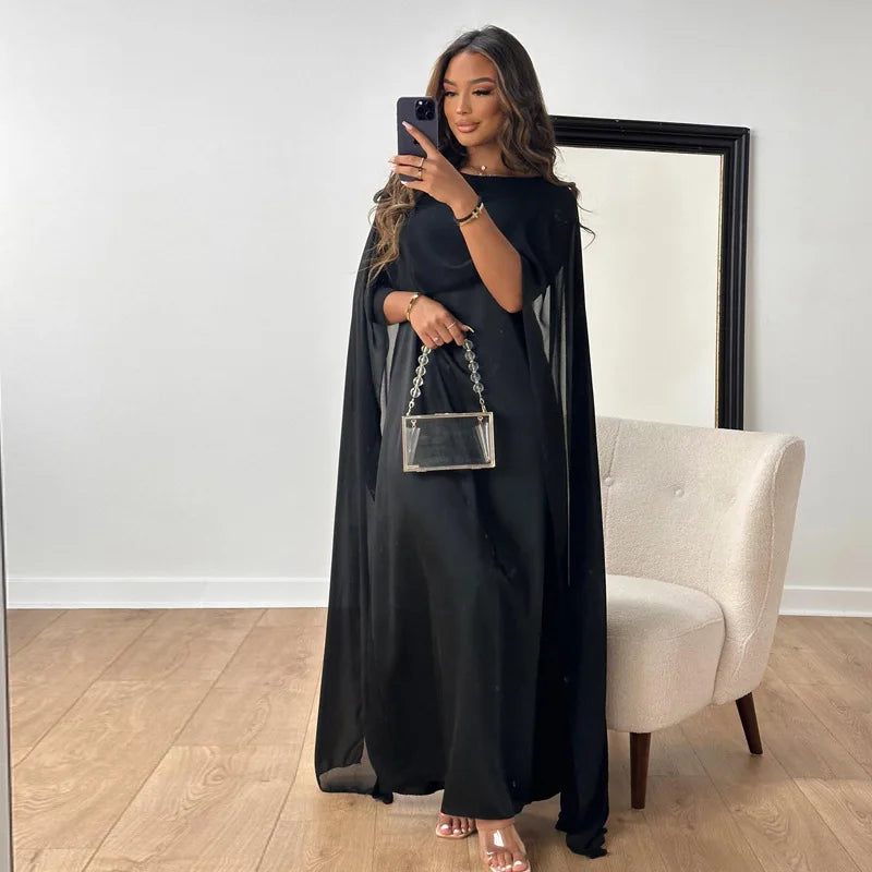 Elegant Women's Maxi Evening Dress with Cape Sleeves