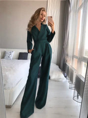 Elegant Wrap Jumpsuit with Long Sleeves and Wide Legs for Women