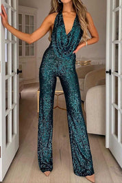 Sequin Jumpsuit with Open Back and Wide Legs for Women