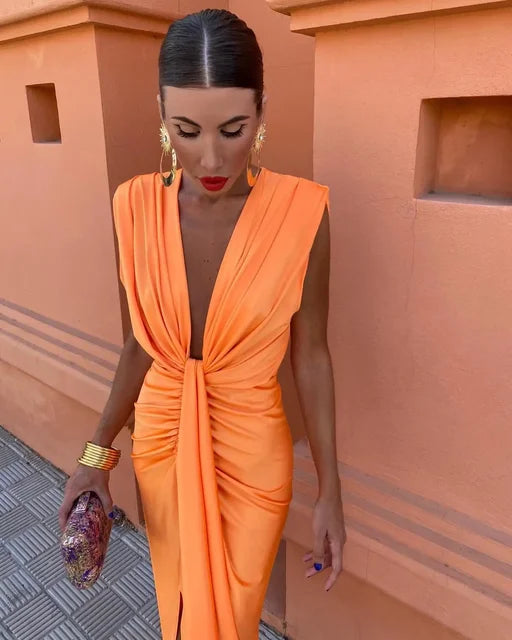 Chic Women's Gala Midi Dress with Deep V Neck and High Slit