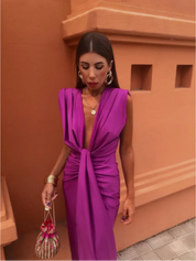Chic Women's Gala Midi Dress with Deep V Neck and High Slit