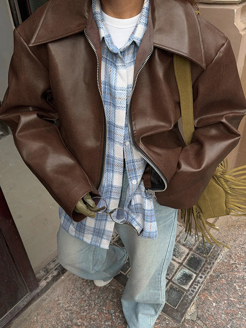 Leather Jacket for Women Short Brown with Zipper, Pockets, and Oversized Fit