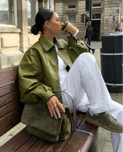 Trendy Oversized Green Leather Jacket for Women with Relaxed Fit
