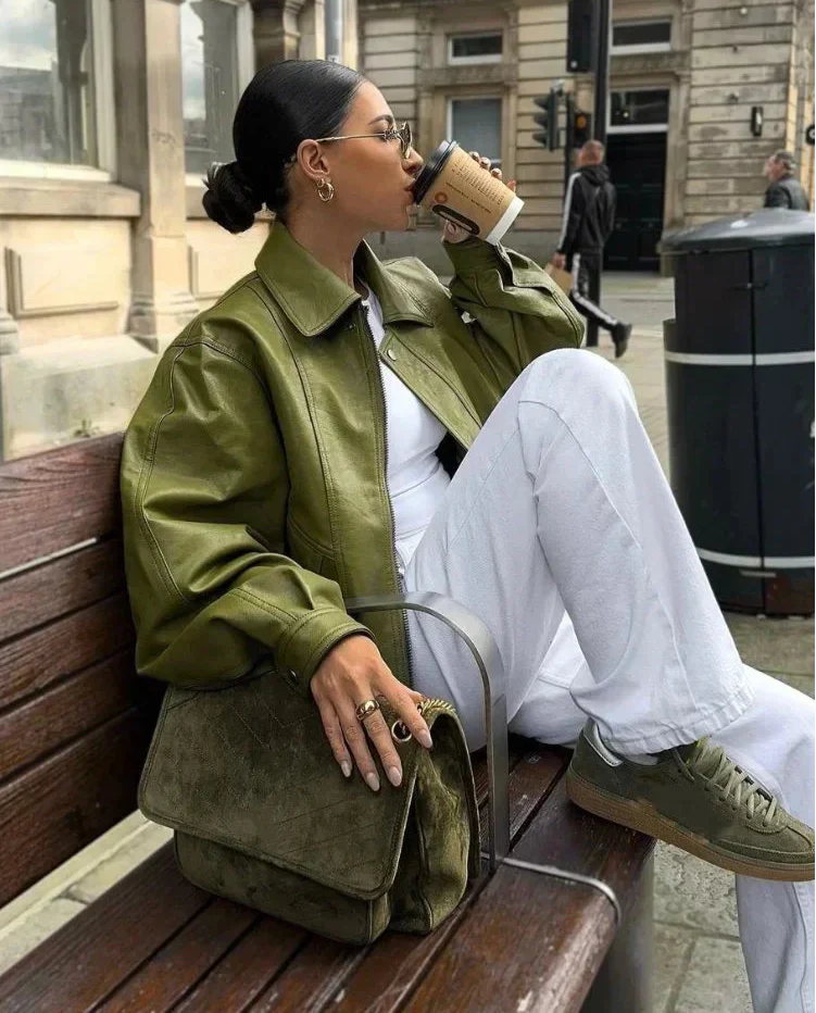 Trendy Oversized Green Leather Jacket for Women with Relaxed Fit