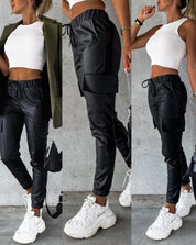 Black Faux Leather Cargo Pants for Women with High Waist and Elastic Cuffs