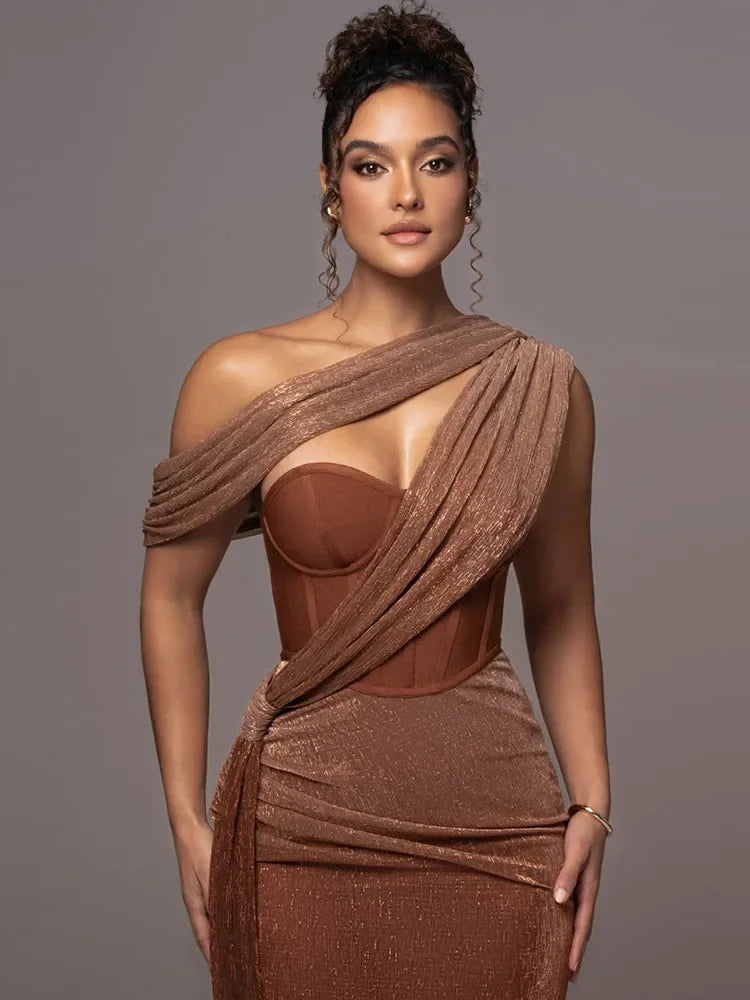 Shiny Gala Dress with One Shoulder and Split Long Evening Dress for Women