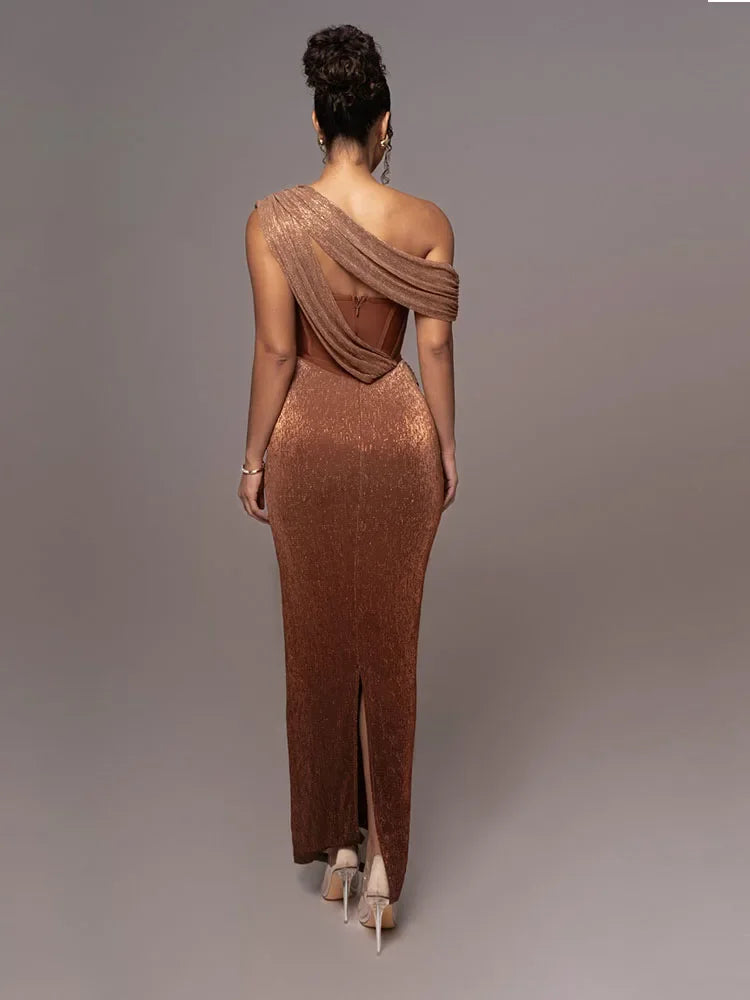 Shiny Gala Dress with One Shoulder and Split Long Evening Dress for Women