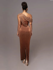 Shiny Gala Dress with One Shoulder and Split Long Evening Dress for Women