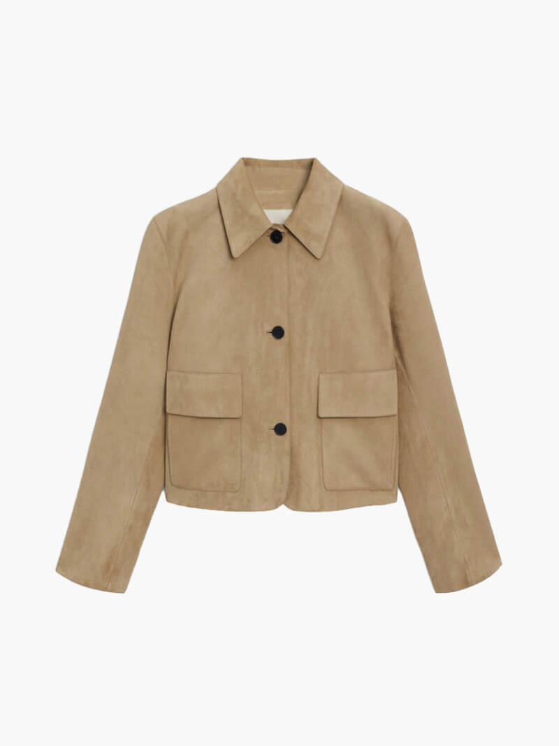 Women's Short Leather Jacket Beige Suede Look with Flap Pockets