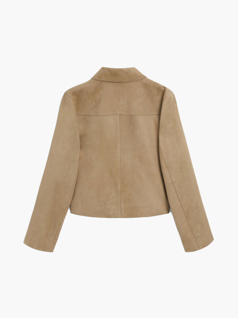 Women's Short Leather Jacket Beige Suede Look with Flap Pockets