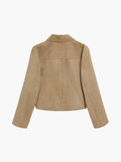 Women's Short Leather Jacket Beige Suede Look with Flap Pockets