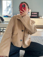 Women's Short Leather Jacket Beige Suede Look with Flap Pockets