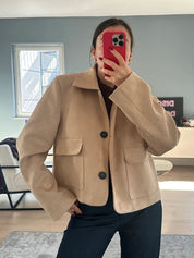 Women's Short Leather Jacket Beige Suede Look with Flap Pockets