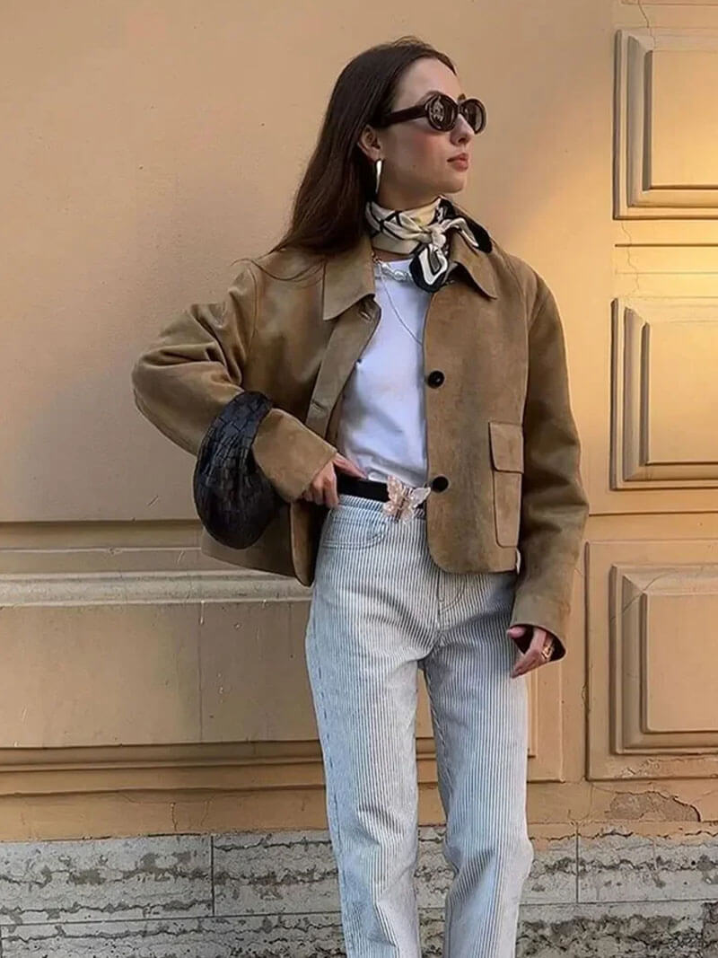 Women's Short Leather Jacket Beige Suede Look with Flap Pockets