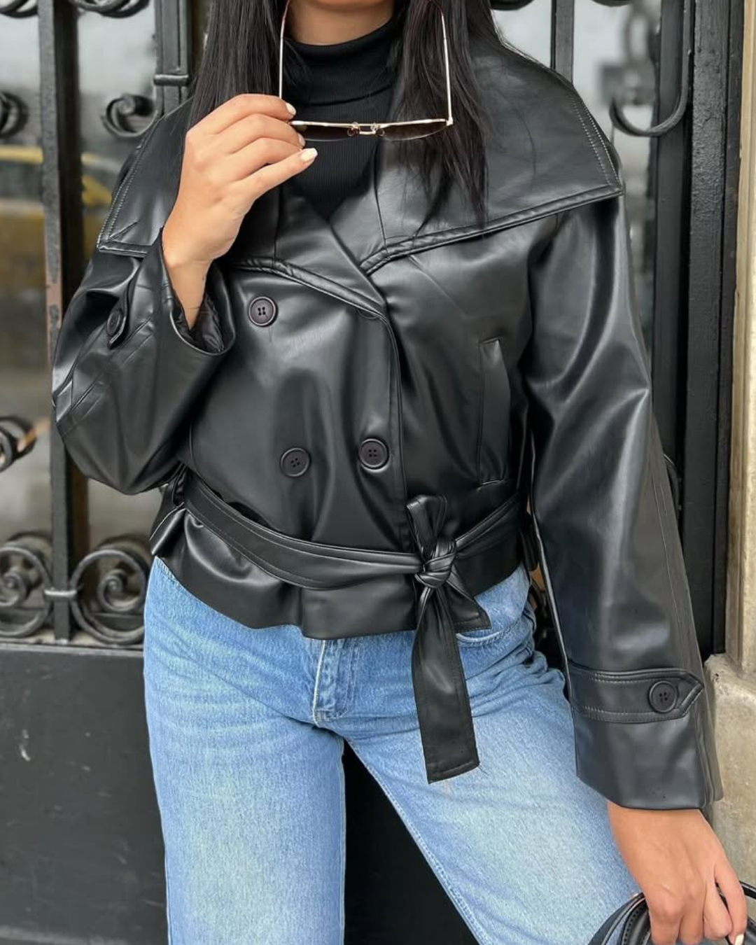 Women's Short Leather Jacket with Wide Lapel Collar and Waist Belt