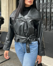 Women's Short Leather Jacket with Wide Lapel Collar and Waist Belt